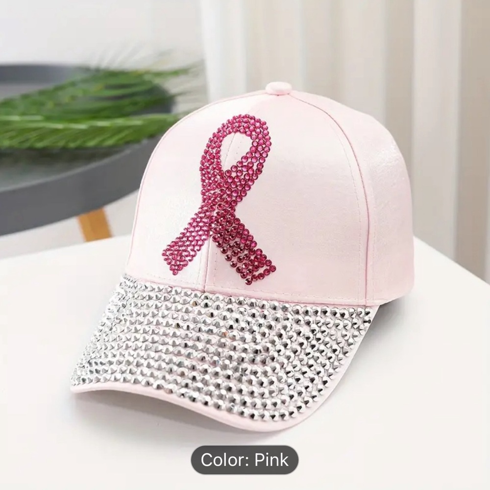 Pink Rhinestone Breast cancer Ribbon Cap